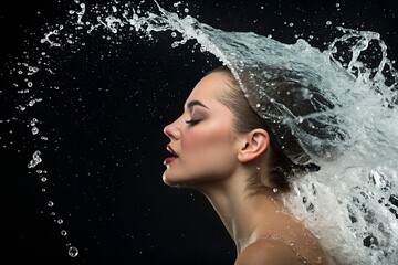Obraz premium Woman's Face Emerging from Water Splash Against Dark Background