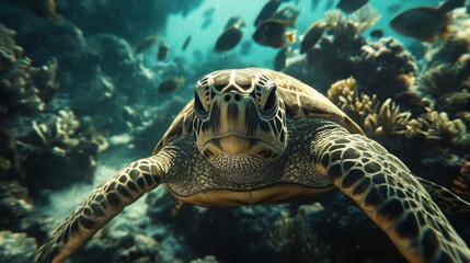 Fototapeta premium Sea Turtle in Vibrant Coral Reef Underwater