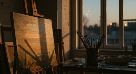 Artist studio with easel and brushes bathed in warm sunlight