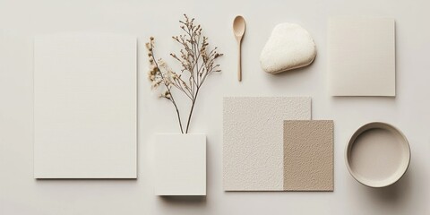 A clean brand identity layout featuring neutral colors, organic textures, and soft typography