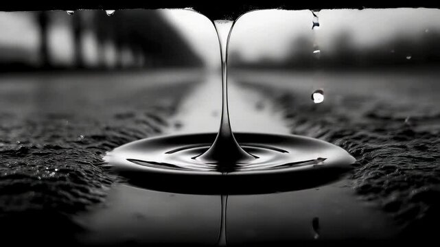 Black and white water droplet dripping in close-up
