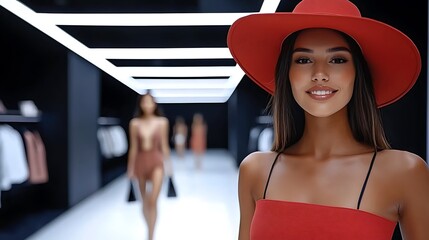 Woman in red hat & top smiles in a modern, bright shop interior with models walking