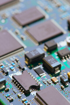 Detailed close-up view of an electronic motherboard