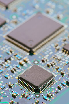 Close-up view of an electronic motherboard with components