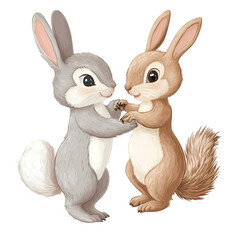 Bunny and squirrel playing together enchanted forest sticker design whimsical atmosphere childlike perspective fun concept