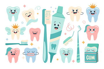 Cheerful dental care illustration featuring cute tooth characters, a toothbrush, toothpaste, and other hygiene elements. Playful vector design for promoting healthy smiles.