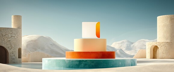 Abstract desert scene. Stacked colorful geometric shapes & ancient structures, against a snowy mountain backdrop