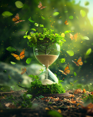 Surreal Hourglass Sprouting Lush Forest from Falling Sand &ndash; Butterflies Emerging, Eco-Motivational Concept Art