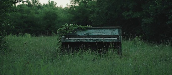 An abandoned piano sits overgrown in a lush green field