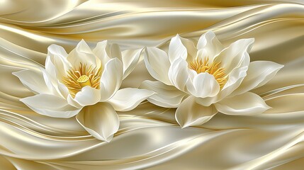 Two elegant white lotus flowers on a golden silky background