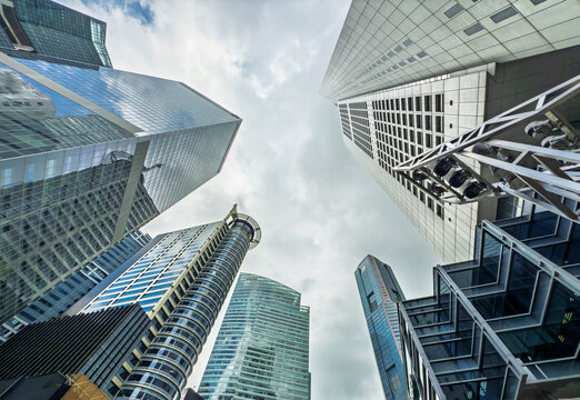 Dramatic upwards view of modern skyscrapers in Singapore