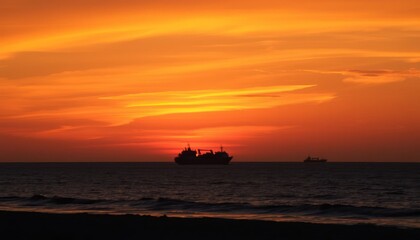 Sunset over the ocean with ships