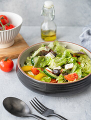 Fresh vegetable salad with feta cheese and olives on plate on a light background.