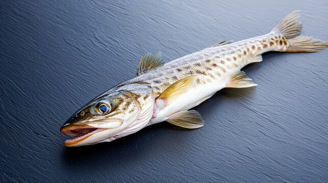 A cultivation fish on a dark blue surface, high contrast, text space on the left, striking commercial design