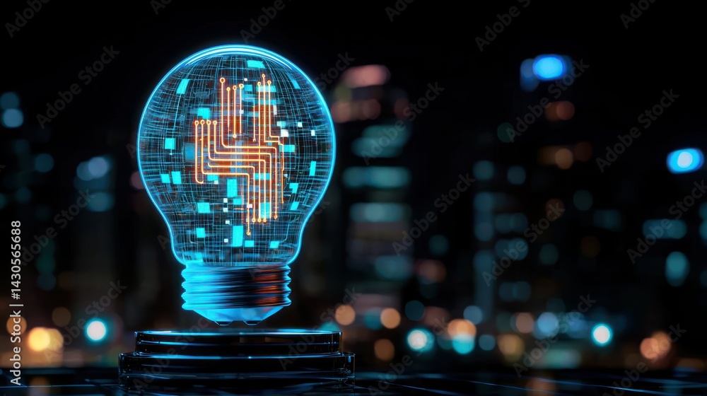 Poster a glowing lightbulb shape with digital circuit design