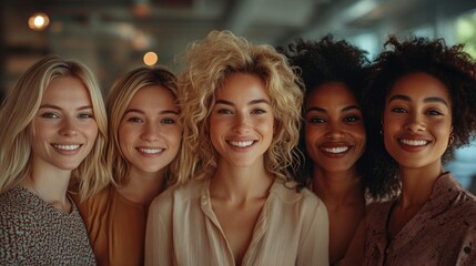 Five women smiling, diverse group