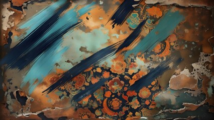 A worn, distressed wall with unique, vibrant, and eclectic Oriental ethnic patterns, featuring abstract dark blue strokes reminiscent of brush scratches, blended with rusty decay and broken, distorted