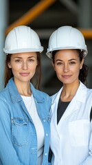 Two Professional Women in Hard Hats Promoting the Value of Diversity in Engineering and Science Fields
