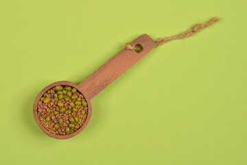 A wooden spoon holds a mix of green mung beans, tan alfalfa seeds, and reddish radish seeds against a solid light green background