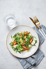 Healthy arugula salad with cherry tomatoes, mozzarella and pesto sauce on a plate
