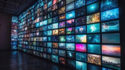 Wall of screens displaying various images and videos