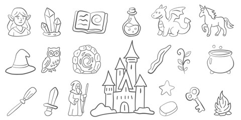 Hand drawn fantasy icons set with magical elements and mythical adventure symbols for creative design
