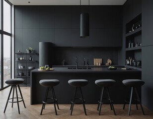 Sleek black kitchen featuring modern stools and minimalist design elements.