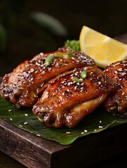 Photo of Chicken Wings with Lemon Wedges on a Gourmet Plate