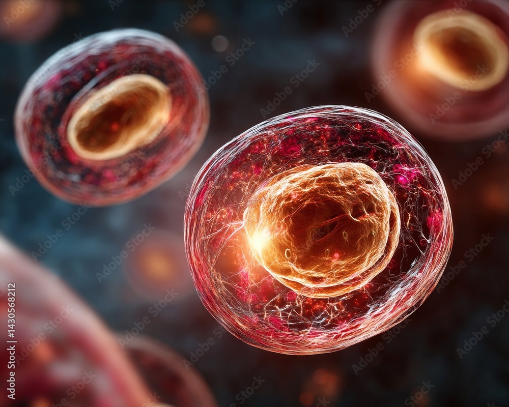 Poster vibrant close-up of cellular structures showcasing intricate details and glowing elements in a scien