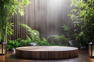 Wooden podium in lush garden setting