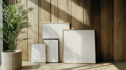 Presentation of Several Blank Posters Leaning Against a Wooden Wall With a Green Plant Nearby in a Well-Lit Space