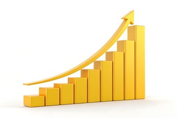 Golden Bar Graph with Upward Arrow, 3D Rendering on White Background, Growth Concept