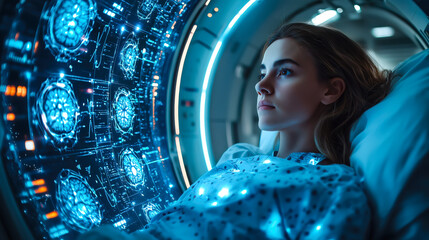 A patient lies calmly inside an MRI machine in a hospital. The concept of advanced medical imaging, healthcare technology, and diagnostic precision. Generative AI