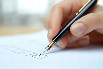 Hand holding pen, ticking checkboxes on a survey or report form in close-up view.