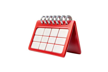 Glossy red plastic calendar with metal spirals, featuring white square date blocks in grid layout, isolated on a transparent background