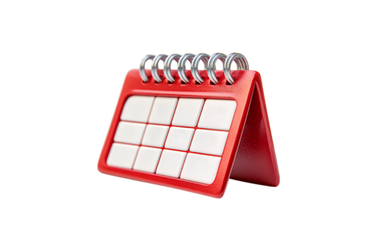 Glossy red plastic calendar with metal spirals, featuring white square date blocks in grid layout, isolated on a transparent background - Powered by Adobe