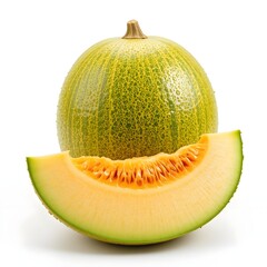Realistic Studio Photo of Fresh Melon, Whole and Sliced, with Water Droplets on White Background