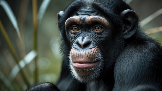 Fototapeta Detailed close-up of a chimpanzee's face highlighting expressive eyes and black fur in a natural jungle environment