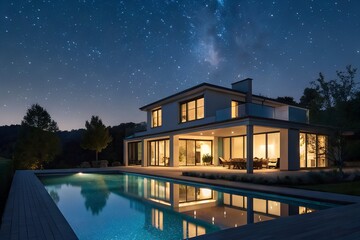 Futuristic Smart Home by the Pool at Night