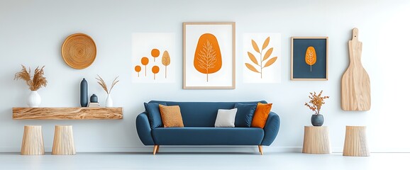 Modern living room decor with blue sofa, art prints, and natural wood accents