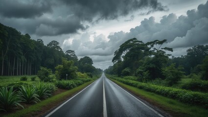Exploring nature on a tranquil countryside road lined with banana plants and greenery during a summer adventure in South America.