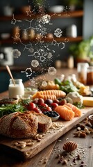 Colorful protein-rich foods with nutrient symbols, showcasing a balanced diet concept