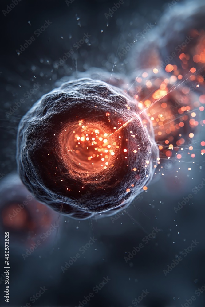 Aufkleber close-up view of glowing cells in a microscopic environment, showcasing cellular activity and intera