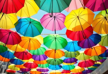 Vibrant umbrellas suspended, creating a whimsical, colorful canopy in Perth, Australia, different view, outdoor