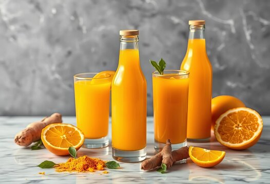 Vibrant turmeric ginger citrus shots in glass bottles on marble Vegan immunity booster,  anti-inflammatory, flatlay