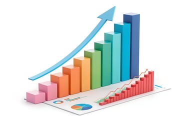 Colorful 3D Bar Graph with Upward Arrows on Data Sheet. Finance and Statistics