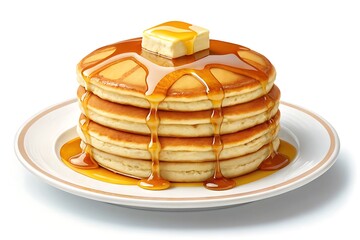 Stack of Fluffy Pancakes on Plate with Butter and Syrup Drizzled, Isolated