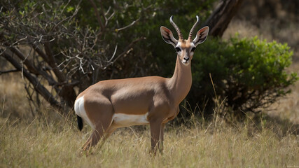 Obraz premium Antelope stands on a grassy field, looking at the camera.