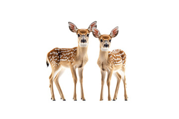 Two elegant young deer stand poised on white background, their slender legs and spots beautifully detailed, isolated on a transparent background