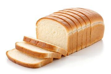 Sliced White Bread Loaf Stacked,Golden Crust, Soft Texture on White Background Close Up